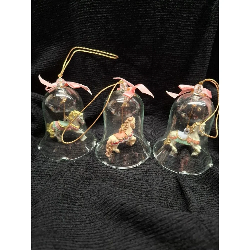 Vintage Clear Glass Bell Ornaments Carousel Horse Clapper Set 3 Christmas 3